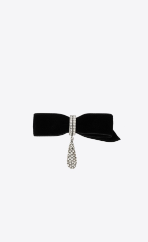 YSL Rhinestone Knot And Drop Brooch In Metal And Velvet Argent Oxyde Et Crystal | FXZ587193