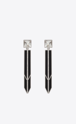 YSL Rhinestone Square And Spike Earrings In Metal And Resin Silver Svarta | EQN739146