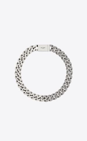 YSL Rhinestone Thick Curb Chain Necklace In Metal Silver | FIT013246