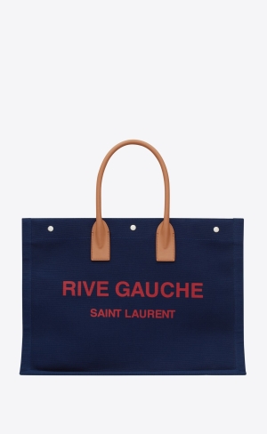 YSL Rive Gauche Large Tote Bag In Canvas Blå Rosa Bruna | LKE349568