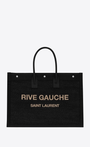 YSL Rive Gauche Large Tote Bag In Embroidered Raffia And Läder Noir | CUI054291