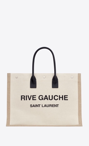 YSL Rive Gauche Large Tote Bag In Printed Canvas And Läder Lin Blanc | FUX785930