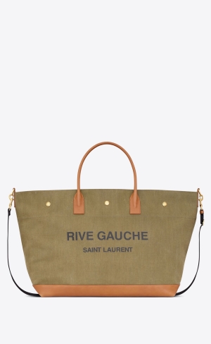 YSL Rive Gauche Maxi Shopping Bag In Canvas And Vegetable-tanned Läder Khaki Mörkröda | DUM215897