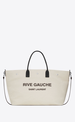 YSL Rive Gauche Maxi Shopping Bag In Printed Canvas And Smooth Läder Grege Et Noir | VIA295731