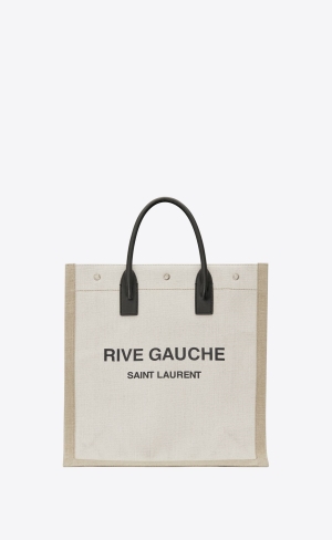 YSL Rive Gauche N/S Shopping Bag In Linen And Bomull Vita Beige | YVO830421