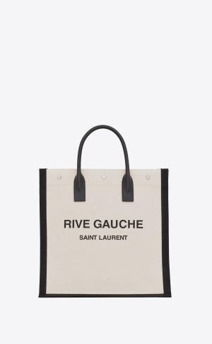YSL Rive Gauche North/South Tote Bag In Printed Linen And Läder Lin Blanc | BOI586972