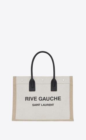 YSL Rive Gauche Small Tote Bag In Linen And Läder Svarta Beige Svarta | WZM843912