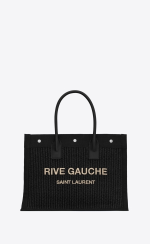 YSL Rive Gauche Small Tote Bag In Raffia And Läder Svarta | AXG946275
