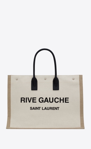 YSL Rive Gauche Tote Bag In Linen And Läder Vita Beige | YJB304185