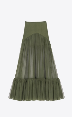 YSL Ruffled Long Skirt In Silk Khaki | DSR094623