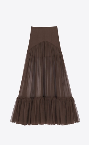 YSL Ruffled Long Skirt In Silk Marron Fonce | ADY725680