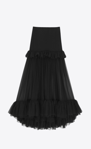 YSL Ruffled Long Skirt In Silk Svarta | MOS842917