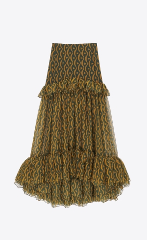 YSL Ruffled Long Skirt In Silk Vert Ocre | MFN237190