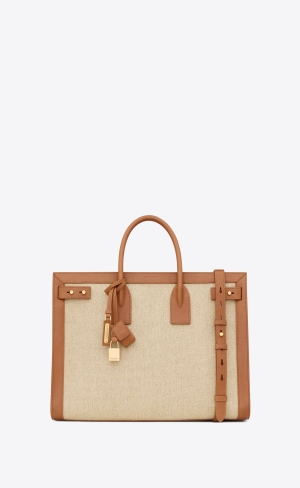 YSL Sac De Jour Thin Large In Linen And Vegetable-tanned Läder Beige Mörkröda | QNZ941325