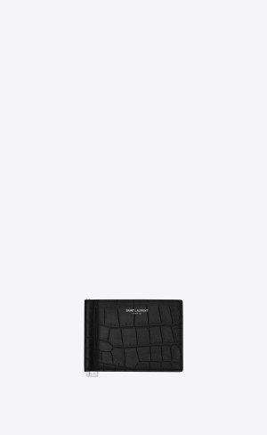 YSL Saint Laurent Paris Bill Clip Wallet In Crocodile-embossed Läder Svarta | JRD197462