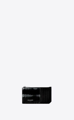 YSL Saint Laurent Paris Fragment Zipped Credit Card Case In Brushed Lack Läder Svarta Vita | CDY732180