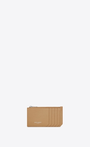 YSL Saint Laurent Paris Fragment Zipped Credit Card Case In Grain De Poudre Embossed Läder Teak Wood | KMV321564