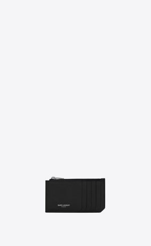YSL Saint Laurent Paris Fragments Zipped Card Case In Grain De Poudre Embossed Läder Svarta | NHF083691