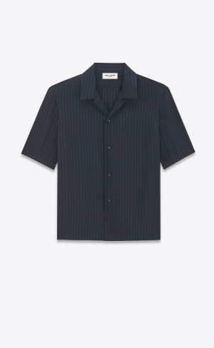 YSL Shark-collar Shirt In Matte And Shiny Randig Silk Bleu Nuit | CHT504871