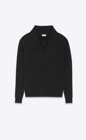 YSL Shawl-neck Tröja In Rib-knit Ull Noir | ONV961540