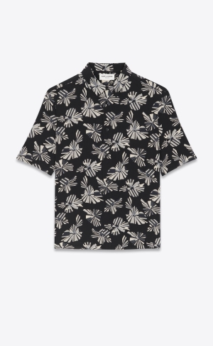 YSL Shirt In Origami Print Silk Noir Craie Gris | MXY487213