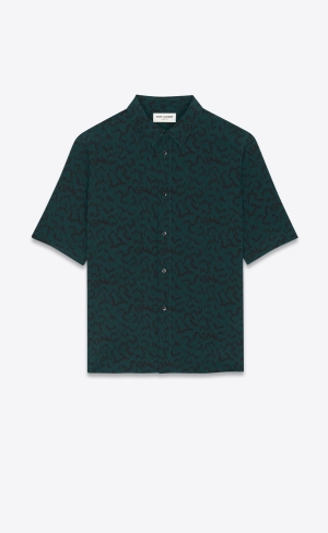 YSL Shirt In Printed Crepe De Chine Vert Noir | RBQ135627