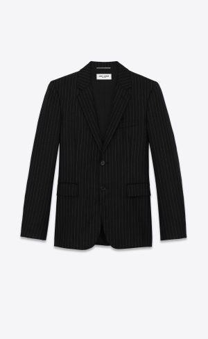 YSL Single-breasted Jacket In Rive Gauche Randig Flannel Svarta Vita | TSA731280
