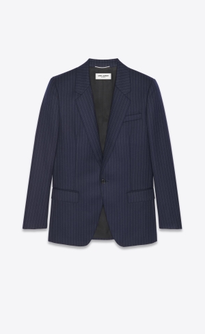 YSL Single-breasted Jacket In Tennis Randig Ull Blå | DOU031946