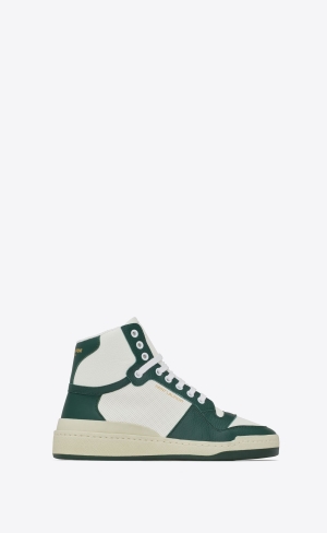 YSL Sl/24 Mid-top Sneakers In Smooth And Perforated Läder Vita Mörkgröna | XAQ315860
