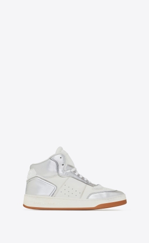 YSL Sl/80 Mid-top Sneakers In Smooth And Grained Läder Argent Et Blanc Optique | YWJ729345