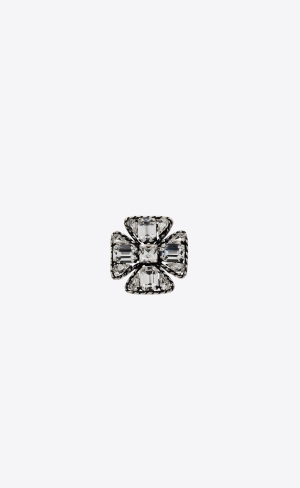 YSL Small Rhinestone Cross Brooch In Metal Silver | BPU618394