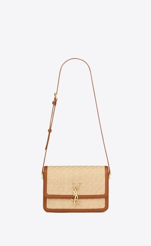 YSL Solferino Medium Satchel In Raffia And Vegetable-tanned Läder Beige Bruna Mörkröda | NXZ861475