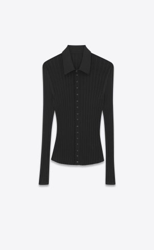 YSL Stickad Shirt In Räfflad Silk Svarta | JVK514267