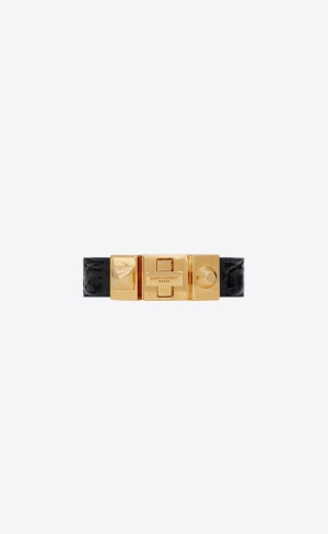 YSL Studded Closure Bracelet In Crocodile-embossed Läder And Metal Svarta Guld | NVB095214