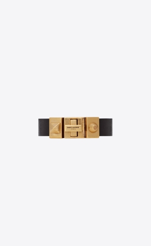 YSL Studded Closure Bracelet In Vegetable-tanned Läder And Metal Svarta Ljusbruna | NPR428597