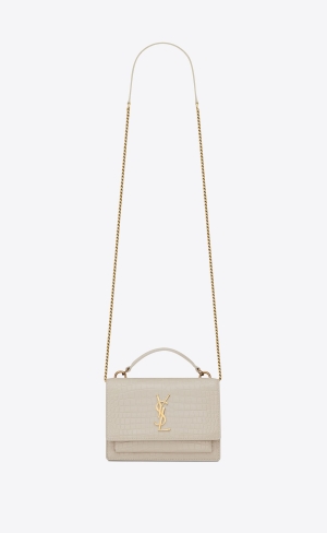 YSL Sunset Chain Wallet In Crocodile-embossed Shiny Läder Blanc Vintage | FLZ916734