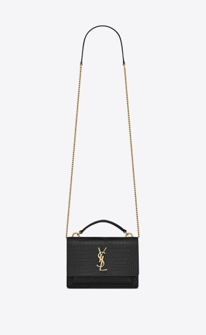 YSL Sunset Chain Wallet In Crocodile-embossed Shiny Läder Noir | ZET387469