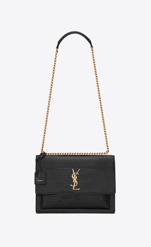 YSL Sunset Large Chain Bag In Crocodile-embossed Shiny Läder Noir | FQM184706