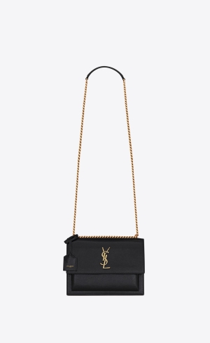 YSL Sunset Medium Chain Bag In Coated Bark Läder Noir | AGJ842093