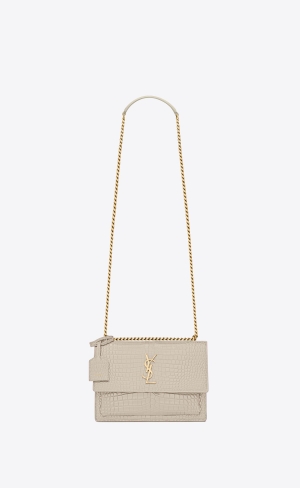YSL Sunset Medium Chain Bag In Crocodile-embossed Shiny Läder Blanc Vintage | MQP921063