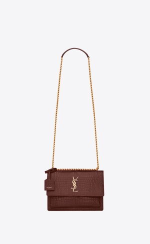 YSL Sunset Medium Chain Bag In Crocodile-embossed Shiny Läder Röda | TNY725801
