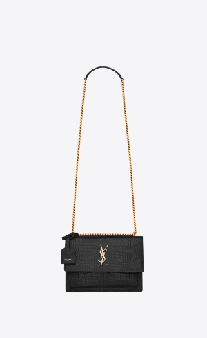 YSL Sunset Medium Chain Bag In Crocodile-embossed Shiny Läder Noir | UYQ346508