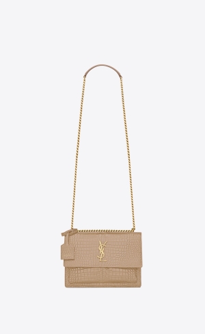 YSL Sunset Medium Chain Bag In Crocodile-embossed Shiny Läder Mörkbeige | VDS578642
