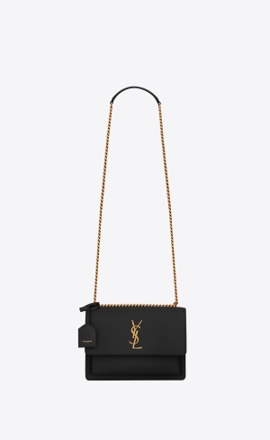 YSL Sunset Medium Chain Bag In Smooth Läder Noir | ARG653197