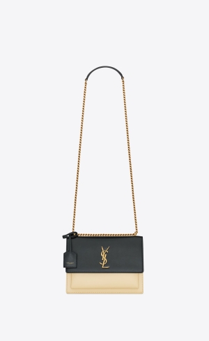 YSL Sunset Medium Chain Bag In Smooth Läder Svarta Vita | HGC243869