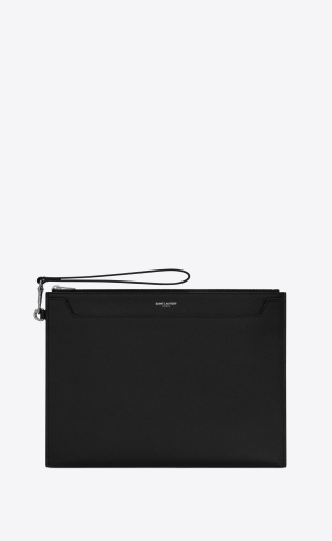 YSL Tablet Holder In Grain De Poudre Embossed Läder Svarta | CIF698715