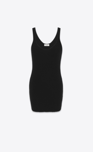 YSL Tank Top Klänning In Räfflad Ull Svarta | VYC654092