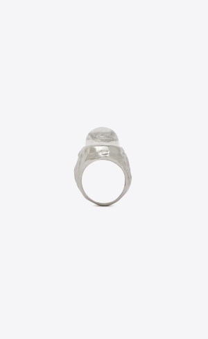 YSL Textured Oval Cabochon Ring In Metal And Rock Crystal Silver | FZQ625719