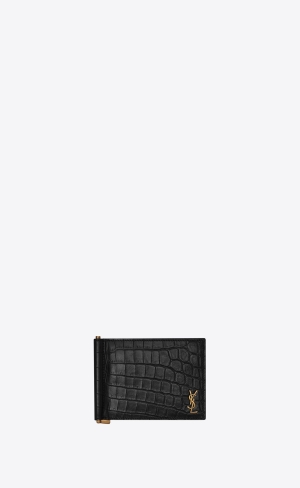 YSL Tiny Cassandre Bill Clip Wallet In Crocodile-embossed Matte Läder Svarta | GPY832710