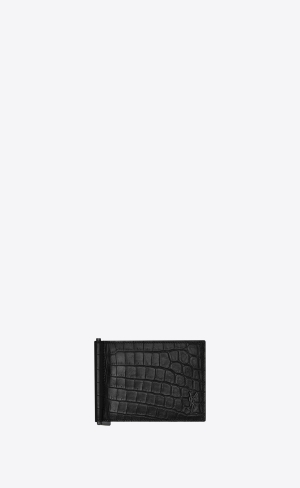 YSL Tiny Cassandre Bill Clip Wallet In Crocodile-embossed Läder Svarta | WZM810973